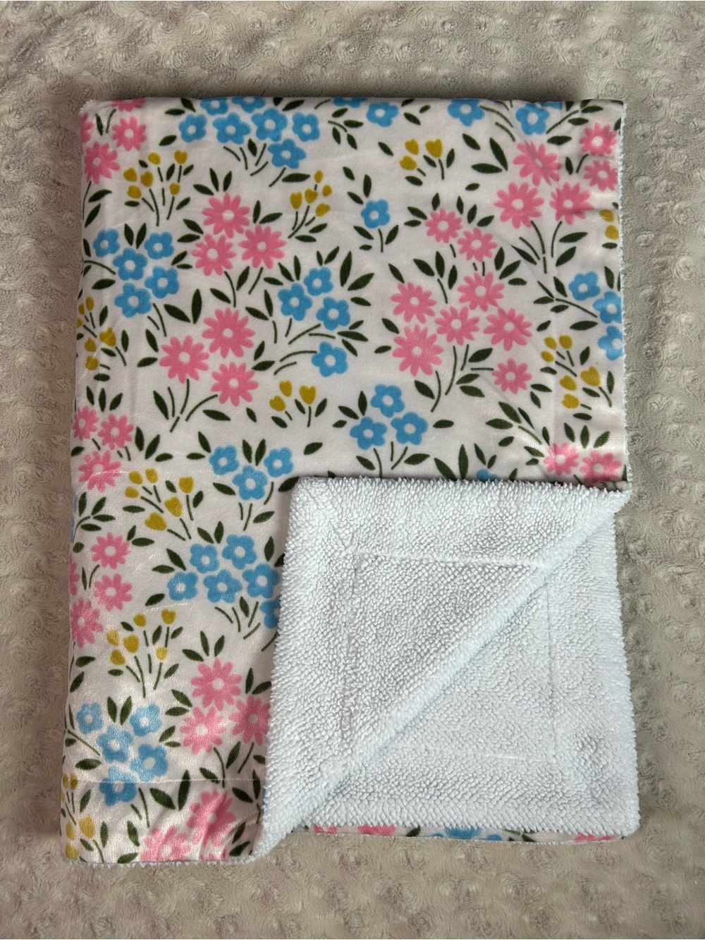 RUNT 1478 Floral Baby Blanket Pink Blue White Sherpa Flowers Yellow Green Leaves
